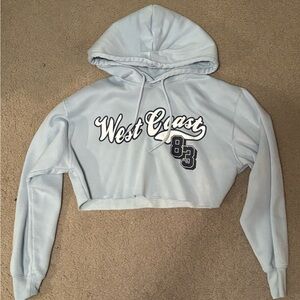 White and Gray Cropped Graphic Hoodie with Long Sleeves